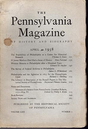 Immagine del venditore per The Pennsylvania Magazine of History and Biography, Vol, LXII, No. 2 ; April, 1938 venduto da Dorley House Books, Inc.