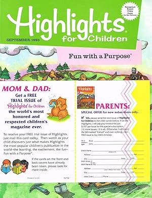 Image du vendeur pour HIGHLIGHTS FOR CHILDREN (Reception Room Copy logo): Fun with a Purpose: Volume 48, No. 8, September 1993, Issue 503 mis en vente par SUNSET BOOKS