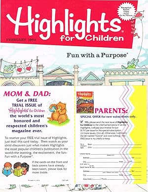 Image du vendeur pour HIGHLIGHTS FOR CHILDREN (Reception Room Copy logo): Fun with a Purpose: Volume 49, No. 2, February 1994, Issue 508 mis en vente par SUNSET BOOKS