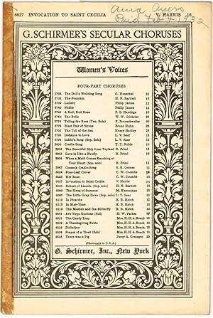 Bild des Verkufers fr Invocation to Saint Cecilia (St. Cecilia Club, New York) (Four Part for Chorus of Women's Voices, with Piano (and Organ ad lib.) zum Verkauf von SUNSET BOOKS