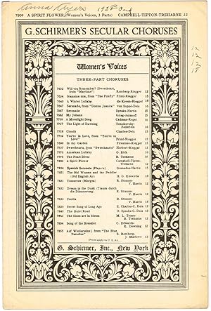 Bild des Verkufers fr A SPIRIT FLOWER (Three Part for Chorus of Women's Voices, with Piano (and Organ ad lib.) zum Verkauf von SUNSET BOOKS