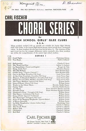 Imagen del vendedor de THE OLD REFRAIN (for High School Girls' Glee Clubs [SSA], with Piano Accompaniment a la venta por SUNSET BOOKS