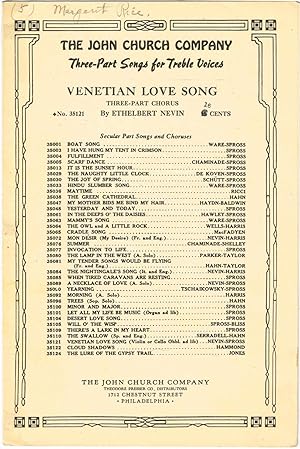 VENETIAN LOVE SONG (Type 2) (Three-Part Chorus for Women's Voices [SSA], with Piano (& Violin obl...