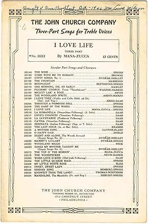 Seller image for I LOVE LIFE (Type 2) (Three-Part Song for Women's Voices [SSA], with Piano (& Violin obbligato) Accompaniment for sale by SUNSET BOOKS