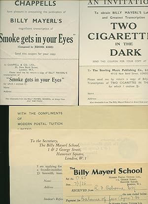 Bild des Verkufers fr The Billy Mayerl School [Modern Postal Tuition Ltd] Modern Pianoforte Tuition Three Invitation Flyer's to Obtain Billy Mayerl's Latest and Greatest Transcription 'Two Cigarettes in the Dark' and 'Smoke gets in your Eyes', One Application of Membership to The Billy Mayerl School, One Receipt from the School, and One Compliments Slip. zum Verkauf von Little Stour Books PBFA Member