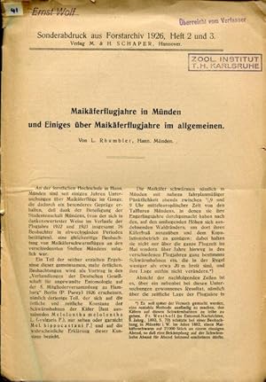 Seller image for Maikferflugjahre in Mnden und Einiges ber Maikferflugjahre im Allgemeinen. for sale by Antiquariat am Flughafen