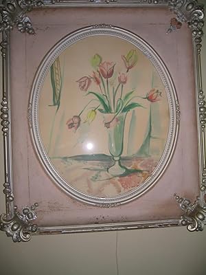 Imagen del vendedor de 2 Tony Duquette Original Pastel Watercolor Framed Tulips Paintings, Dated 1951, Bought Chirsties Auction the Duquette Collections Lot # 540 featured in Catalogue, Painted & Framed by Tony in 1950's type Frame, Tulips in Vases , These Paintings Originally a la venta por Bluff Park Rare Books