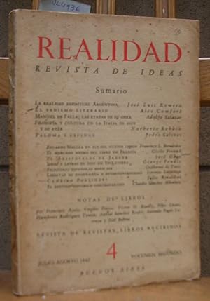 REALIDAD. Revista de ideas. Publicación bimestral Año 1 Volumen segundo nº 4 julio - agosto 1947