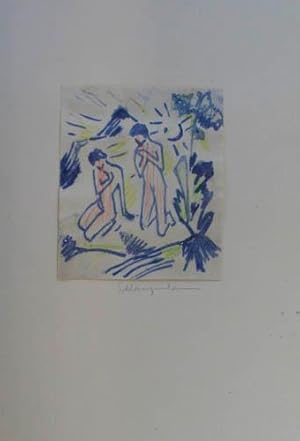 Zeichnung mit Tinte (laviert) und Buntstiften auf Papier, "Zwei knieende Akte in Landschaft" auf ...
