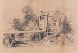 Original pencil drawing of a creek with a bridge.