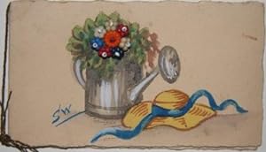 [Ephemera] Card with Painting of Straw Hat and Garden Pail, with Small Beads Used for Flowers
