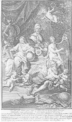 Bild des Verkufers fr Portrt. Bstendarstellung umgeben von allegorischen Figuren und Bchern. Original - Kupferstich (anonym), 11 x 10 cm, Blattgre: 14 x 8 cm, 1724. zum Verkauf von Antiquariat Michael Eschmann