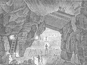 Innenansicht einer Mine mit Bergarbeitern beim Stollenabbau. Original - Lithographie (anonym), Bl...