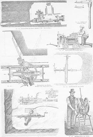 "Werkzeuge und Bohrmaschinen für den Bergbau". 2 Blatt mit 12 Detaildarstellungen. Holzstich aus ...