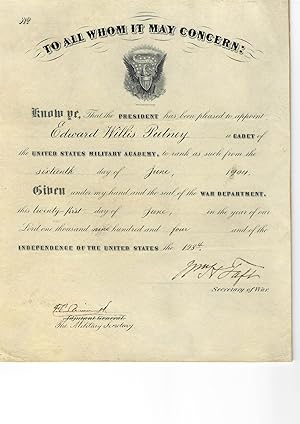 [DOCUMENT SIGNED, AS SECRETARY OF WAR, APPOINTING EDWARD WILLIS PUTNEY "A CADET OF THE UNITED STA...