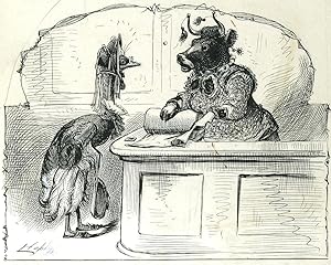 "A Lost Art". Original pen sketch of an emu and a cow dressed as women in Victorian dress