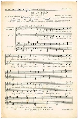 Image du vendeur pour THE CATBIRD (For Three-Part Chorus of Women's Voices[SSA]), with Piano Accompaniment mis en vente par SUNSET BOOKS