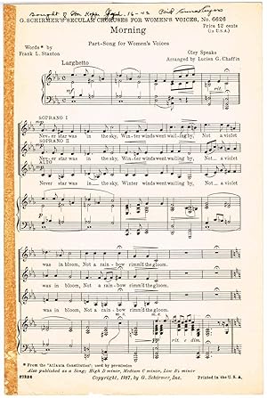 Imagen del vendedor de Morning (for Three-Part Chorus of Women's Voices [SSA]) with Piano accompaniment a la venta por SUNSET BOOKS