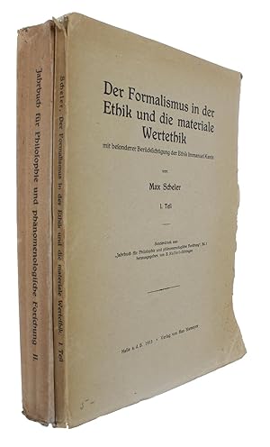 Imagen del vendedor de Der Formalismus in der Ethik und die materiale Wertethik mit besonderer Bercksichtigung der Ethik Immanuel Kants. (2 Teile). (1. Teil: Sonderausdruck aus: "Jahrbuch fr Philosophie und phnomenologische Forschung", Bd. I. Herausgegeben von E. Husserl. - [FOUNDING ETHICS AS A THEORY OF VALUE] a la venta por Lynge & Sn ILAB-ABF