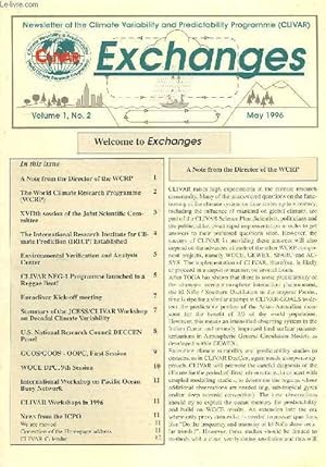 Imagen del vendedor de EXCHANGES, VOL. 1, N 2, MAY 1996, NEWSLETTER OF THE CLIMATE VARIABILITY AND PREDICTABILITY PROGRAMME (CLIVAR) a la venta por Le-Livre