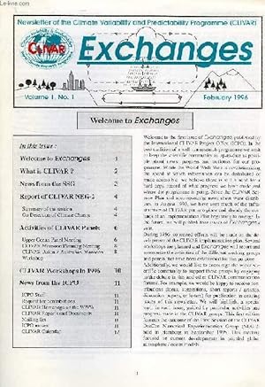 Imagen del vendedor de EXCHANGES, VOL. 1, N 1, FEB. 1996, NEWSLETTER OF THE CLIMATE VARIABILITY AND PREDICTABILITY PROGRAMME (CLIVAR) a la venta por Le-Livre