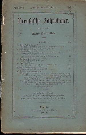 Immagine del venditore per Preuische Jahrbcher. 108. Band. Heft I. April 1902. Aufstze: Ferd. Jak. Schmidt: Hhere Mdchenschule und das klass. Alterthum / Theodor Lipps: Kunstsnden der Plastik / Leopolod Karl Goetz: Der Katholizismus und das XX. Jahrhdt. / Friedirch Preisigke: Familienbriefe aus alter Zeit / Carl Alt: Gedanke der Theodicee in Goethes Faust / Thomsen: Zweikampf und Strafrechtspolitik / Notozen und Besprechungen. venduto da Antiquariat Carl Wegner