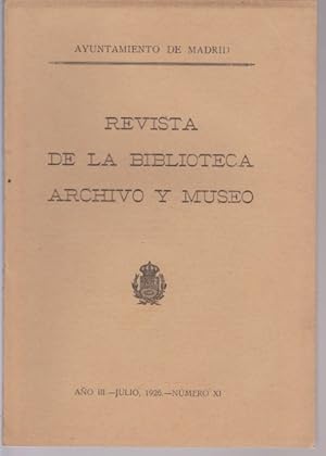 Bild des Verkufers fr REVISTA DE LA BIBLIOTECA, ARCHIVO Y MUSEO. AO III. NMERO XI. AO 1926 zum Verkauf von LIBRERIA TORMOS