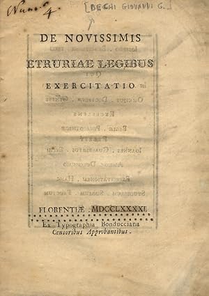 Bild des Verkufers fr De novissimis Etruriae legibus exercitatio. zum Verkauf von Libreria Oreste Gozzini snc