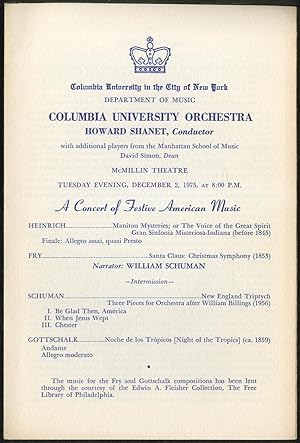 Immagine del venditore per Columbia University Orchestra, December 2, 1975 venduto da Between the Covers-Rare Books, Inc. ABAA