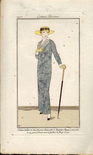 Imagen del vendedor de Costume tailleur en cheviotte grise. Chemisette de baptiste. Chapeau en paille de riz garni Velours noir et Gutres de Drap beige". a la venta por Librairie Chretien