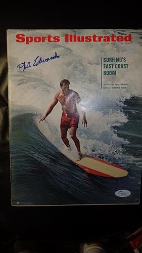 Seller image for Autographed NEWSSTAND Sports Illustrated MAGAZINE 7/16/1966 , July 16, 1966, issue , SIGNED by Phil Edwards in MINT blue sharpie. JSA authenticated james spence authentication LABEL # 1231595 on cvr. SIGNED ON COVER BY SURFER who wears Red Swim for sale by Bluff Park Rare Books