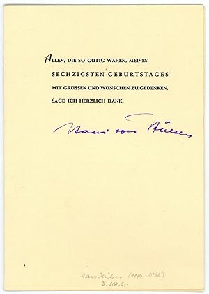 Imagen del vendedor de Ms. Dankeskarte mit eigenh. U. a la venta por Antiquariat INLIBRIS Gilhofer Nfg. GmbH