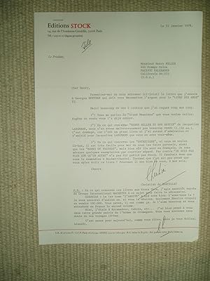 Immagine del venditore per A typed-letter-signed by Christian de Bartillat, president of Editions Stock to Henry Miller, dated 31 janvier 1978 venduto da Expatriate Bookshop of Denmark