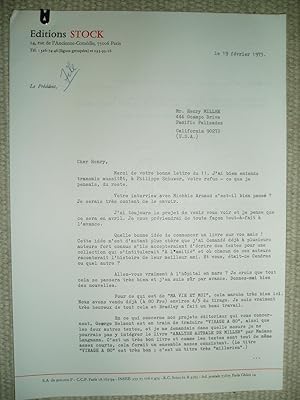 Seller image for A typed-letter-signed by Christian de Bartillat, president of Editions Stock to Henry Miller, dated 19 fevrier 1973 for sale by Expatriate Bookshop of Denmark