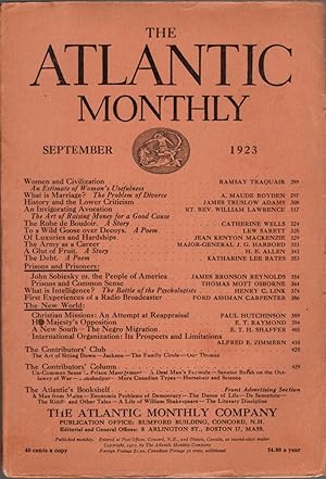 Seller image for Atlantic Monthly [Magazine] September 1923 for sale by Clausen Books, RMABA