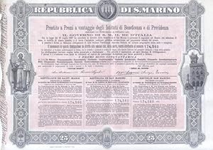 Bild des Verkufers fr Prestito a Premi a vantaggio degli Istituti di Beneficenza e di Previdenza" della Repubblica di San Marino. Lotto di tre documenti a stampa. zum Verkauf von studio bibliografico pera s.a.s.