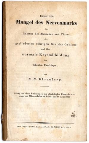 Bild des Verkufers fr Ueber den Mangel des Nervenmarks im Gehirne der Menschen und Thiere, den gegliederten rhrigen Bau des Gehrins und ber normale Krystallbildung im lebenden Thierkrper; von C.G.Ehrenberg. zum Verkauf von Antiq. F.-D. Shn - Medicusbooks.Com