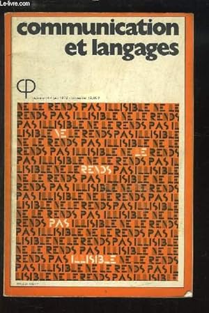 Image du vendeur pour Communication et Langages. N14 : Mot et image, les mmes lois statistiques - Simulation du processus de lecture par ordinateur - Le graphisme dans la musique - Charles Peignot et son Temps - La culture des mass mdia . mis en vente par Le-Livre