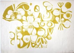 Yellow lithograph with floral motifs in a collage style.