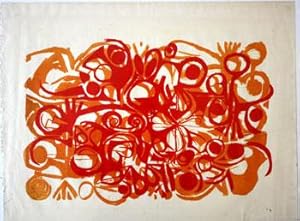 Red and Orange lithograph with floral motifs in a collage style.