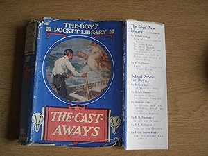 Imagen del vendedor de THE CASTAWAYS in RARE Color Dustjacket of Man in Dress Attire on Boat Looking at Woman in All White Dress Seated Front Another Boat in Ocean Inside Round Circle , ADVENTURE YARN, Boys Pocket Library a la venta por Bluff Park Rare Books