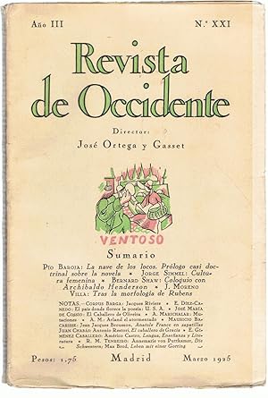 Imagen del vendedor de REVISTA DE OCCIDENTE. Ao III. N XXI. Marzo 1925 a la venta por Librera Torren de Rueda