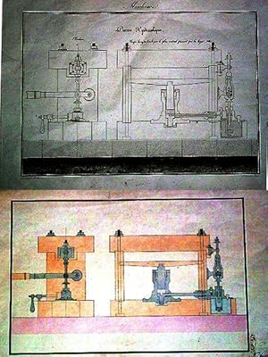 Bild des Verkufers fr Dessin original 19 me sur papier verg aquarell reprsentant une Presse hydraulique, Cachet  froid en relief " E.R.P 1821", annotaion manuscrite Mce de St Leger, cachet encre Vu L.G. - Joint une gravure dessine par Girard, grave par Adam de la pr zum Verkauf von JOIE DE LIRE