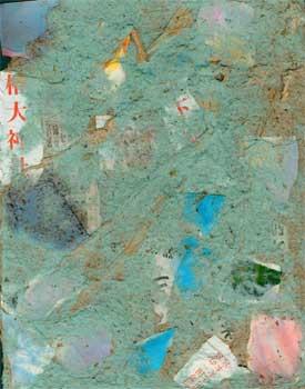 Handmade Paper and Collage with Dyed Blue with Scraps of Hanzi Newspaper.