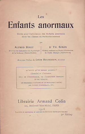Bild des Verkufers fr LES ENFANTS ANORMAUX. Guide pour l'admission des Enfants anormaux dans les classes de perfectionnement. zum Verkauf von Librera Torren de Rueda
