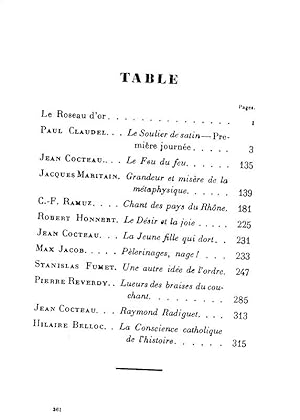 Bild des Verkufers fr Le soulier de satin - Le feu du feu - Grandeur et misre de la Mtaphysique - Chants des pays du Rhne - Le dsir et la Joie - La jeune fille qui dort - Plerinages, nage - Lueurs des braises du couchant - Raymond Radiguet - La conscience Catholique de l'histoire. zum Verkauf von ARTLINK