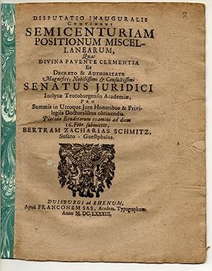 Bild des Verkufers fr Juristische Inaugural-Disputation. Semicenturiam.positionum miscellanearum. zum Verkauf von Wissenschaftliches Antiquariat Kln Dr. Sebastian Peters UG