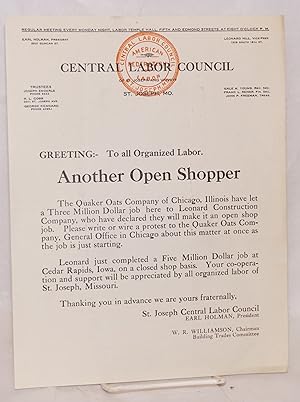 Greeting: To all organized labor. Another Open Shopper [handbill]