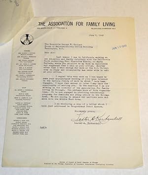 Immagine del venditore per Signed Letter to Congressman George E. Outland on a The Association For Family Living letterhead venduto da Pacific Rim Used Books  LLC