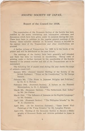 Imagen del vendedor de Report of the Council for 1938. Asiatic Society of Japan a la venta por Kaaterskill Books, ABAA/ILAB